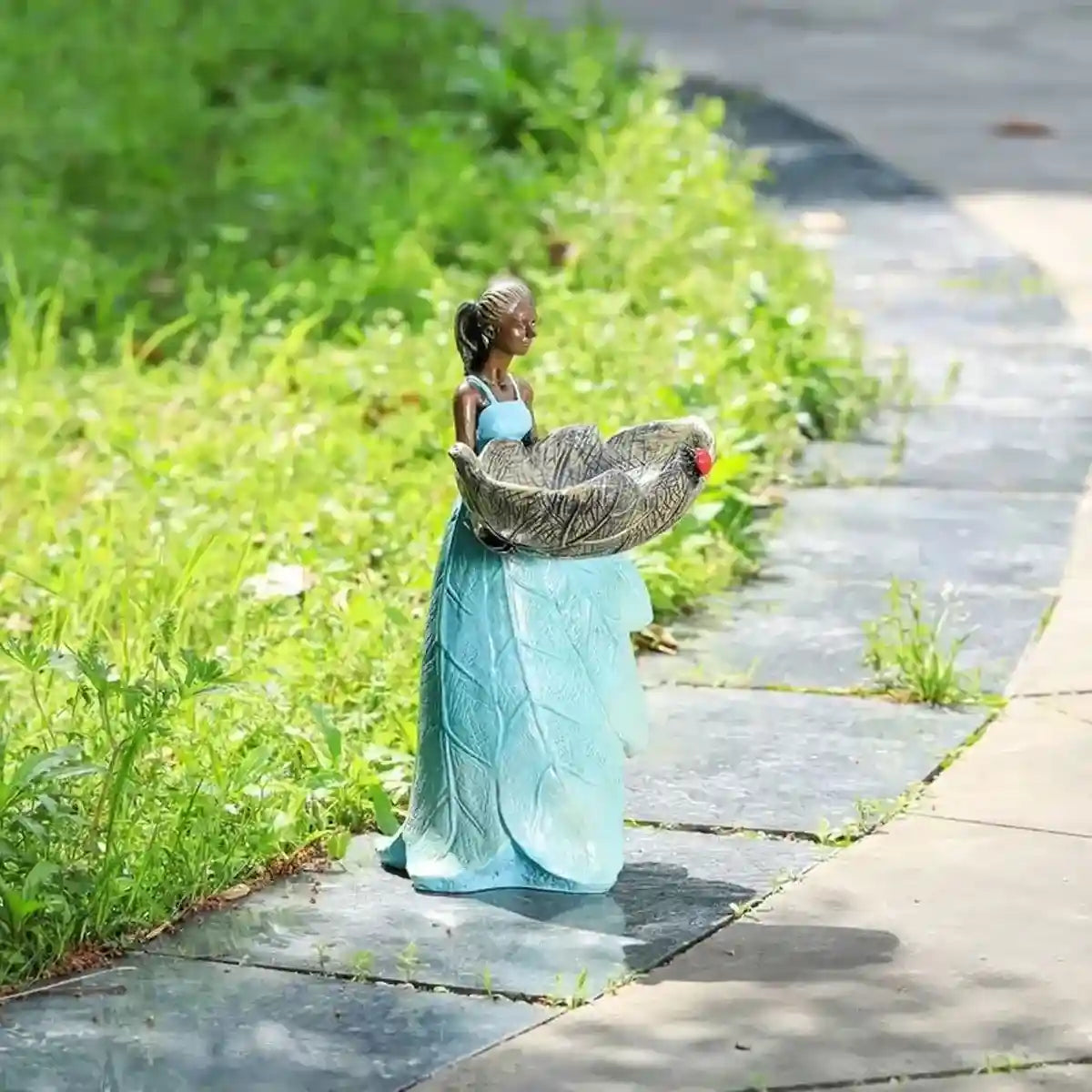 Decorative Resin Bird Feeder Girl Holding Leaf Bowl