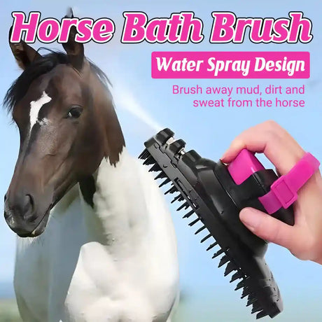 Spray-equipped horse brush for bathing and grooming