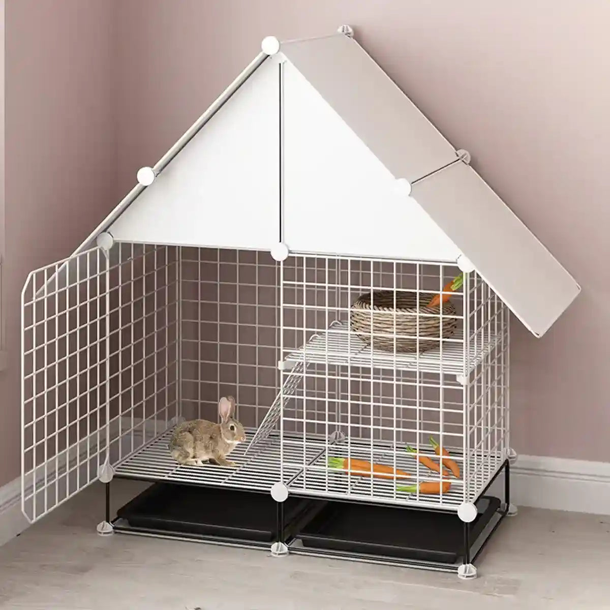 Small Pet Double Villa Cage Two-Tier Metal Habitat for Rabbits