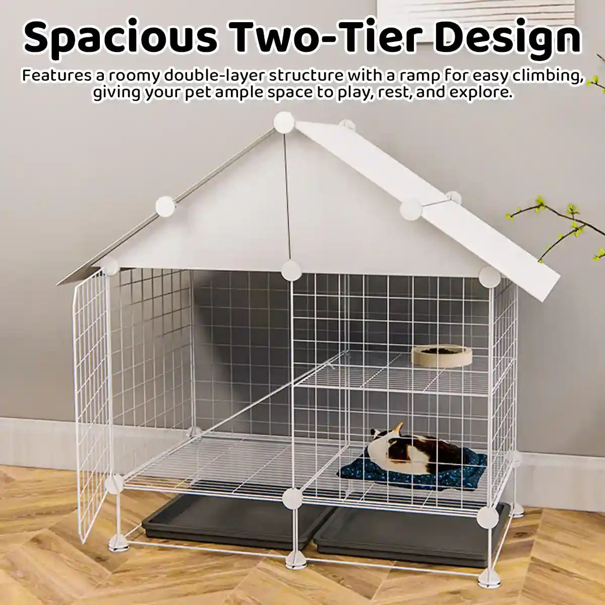 Small Pet Double Villa Cage Two-Tier Metal Habitat for Rabbits