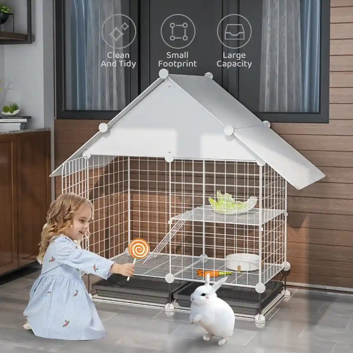 Small Pet Double Villa Cage Two-Tier Metal Habitat for Rabbits