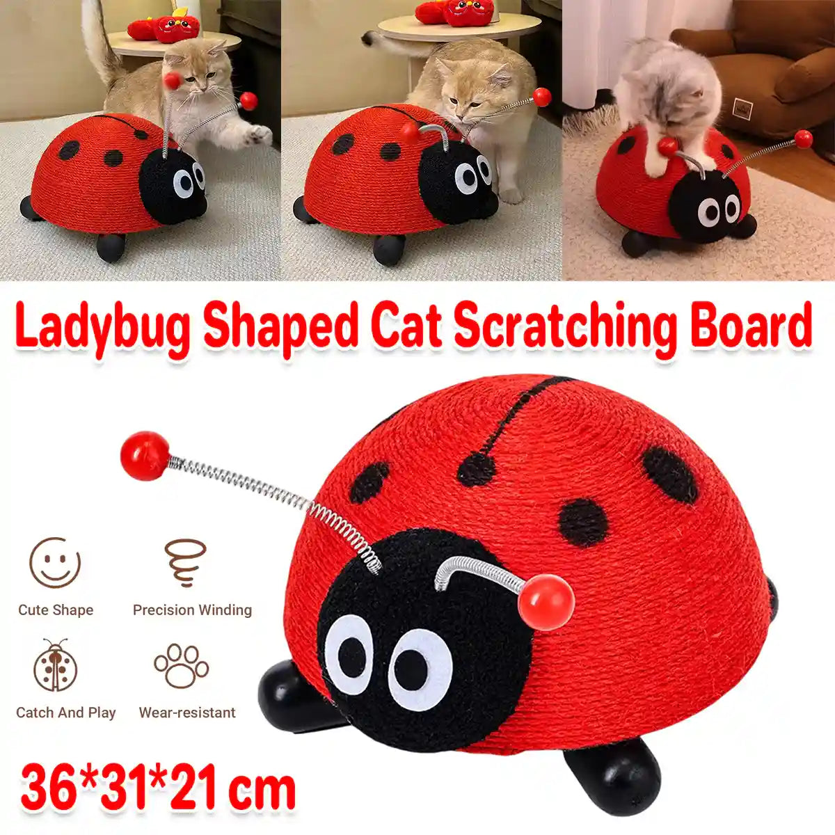 Ladybug Cat Scratching Post with Sisal Rope and Flannel Base