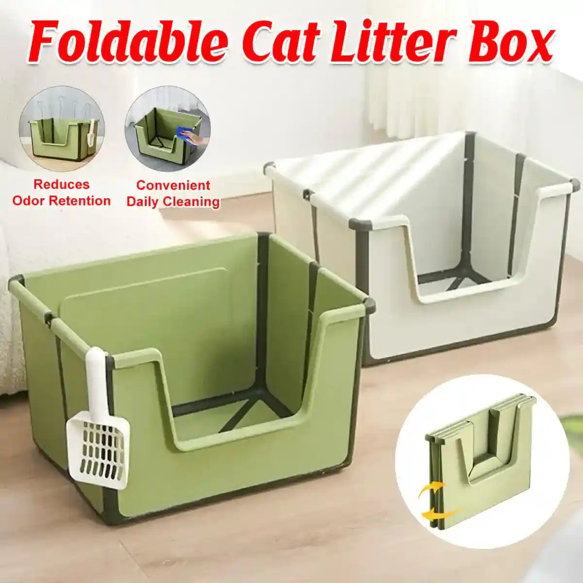Foldable Cat Litter Box Open-Top Large Space with Scoop