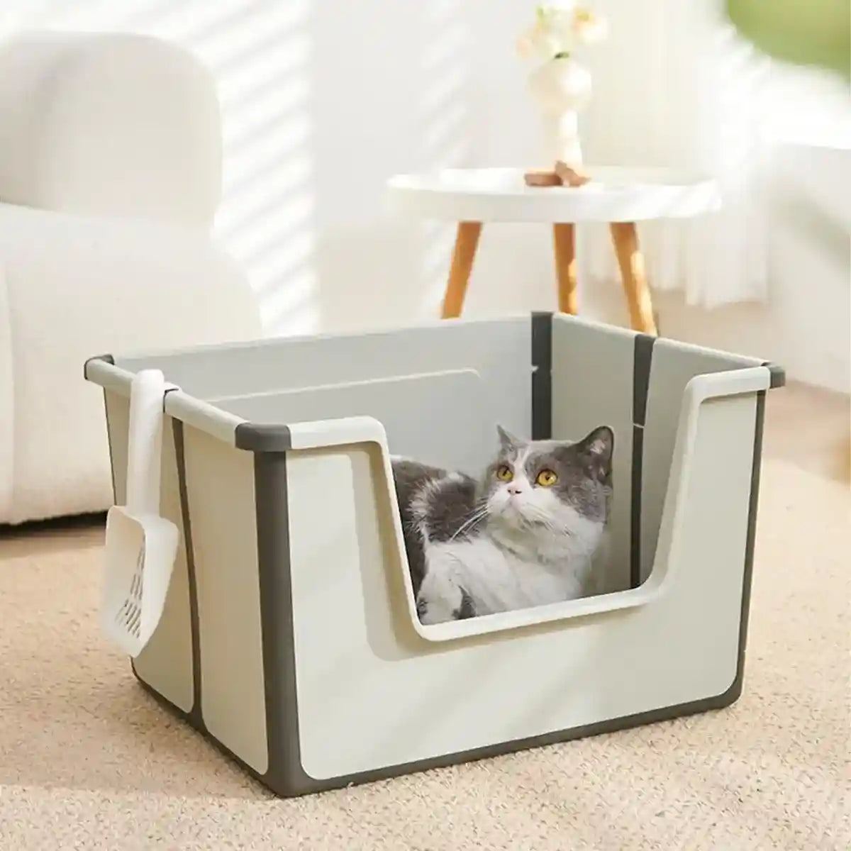 Foldable Cat Litter Box Open-Top Large Space with Scoop