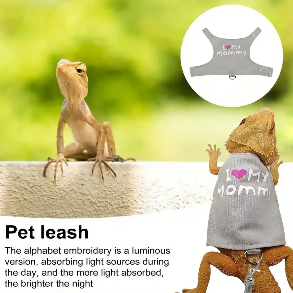 Luminous Reptile Clothes and Leash Set with "I Love Mommy" Print