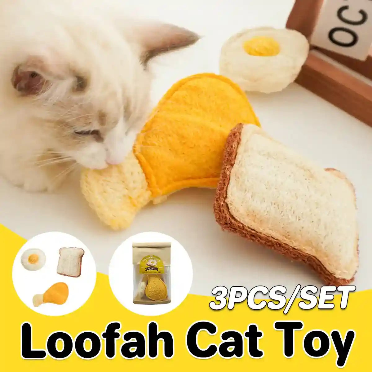 Natural Loofah Cat Toy Set with Catnip 3PCS Bite-Safe Chew Toys