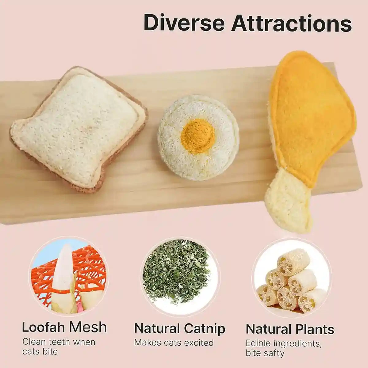 Natural Loofah Cat Toy Set with Catnip 3PCS Bite-Safe Chew Toys