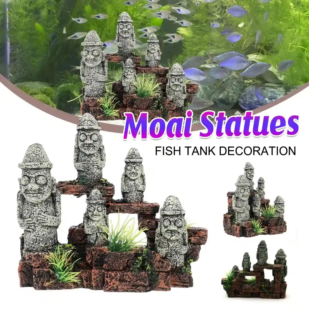 Moai statues fish tank decoration with greenery base