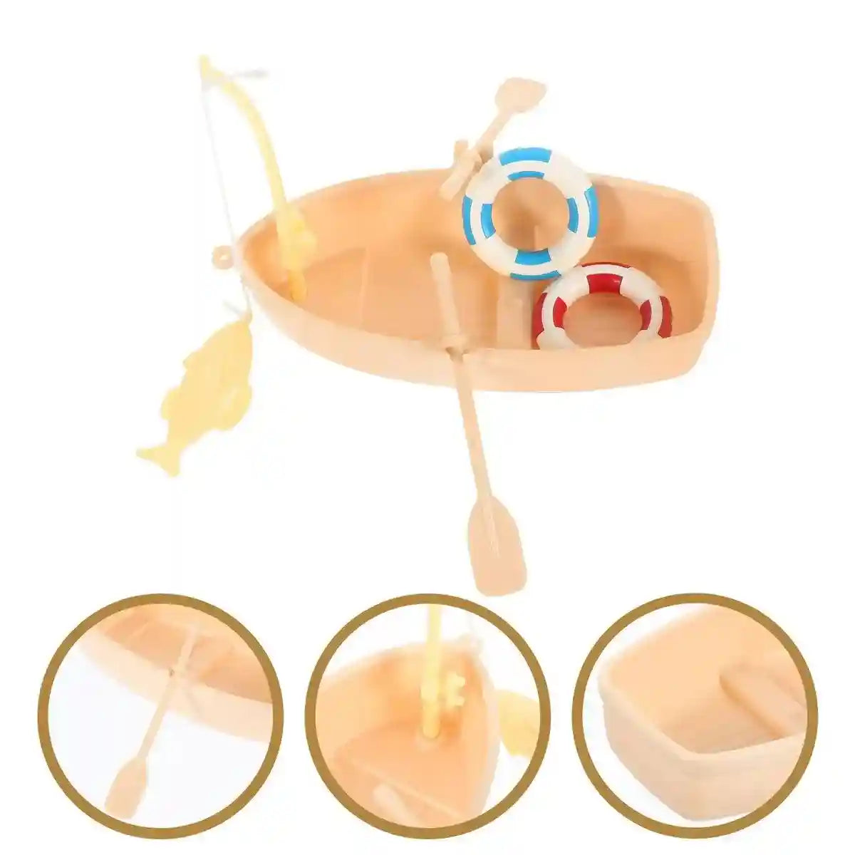 Mini Boat Aquarium Landscaping Ornament with Fishing Rod and Lifebuoys