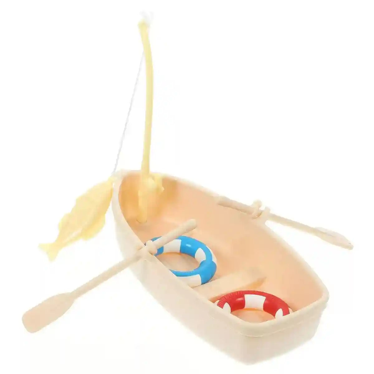 Mini Boat Aquarium Landscaping Ornament with Fishing Rod and Lifebuoys