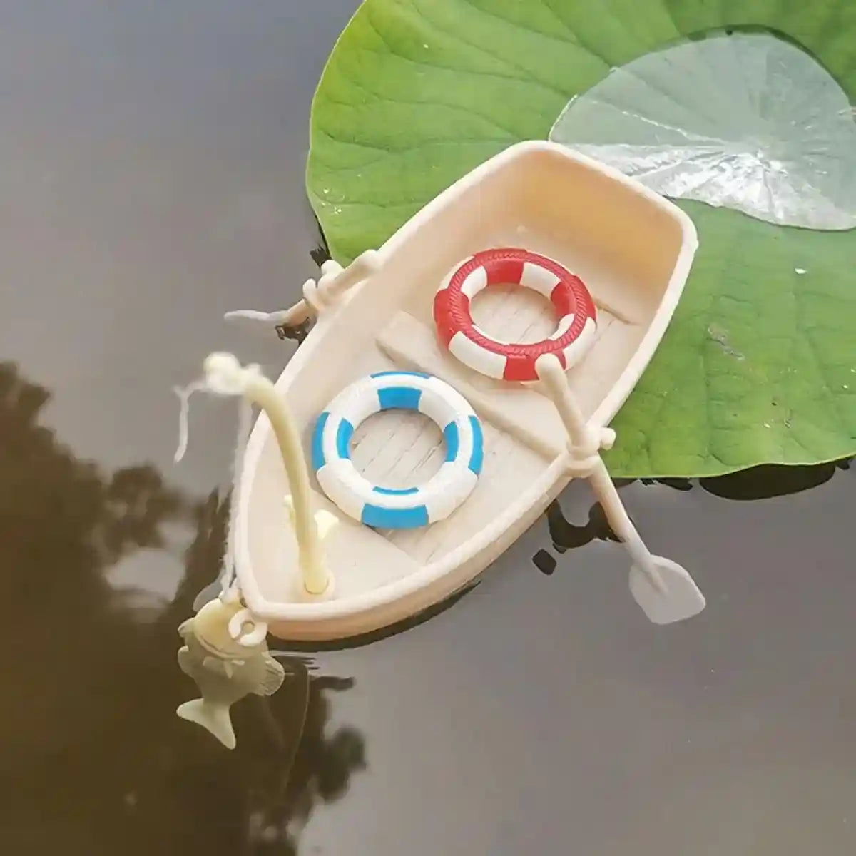 Mini Boat Aquarium Landscaping Ornament with Fishing Rod and Lifebuoys