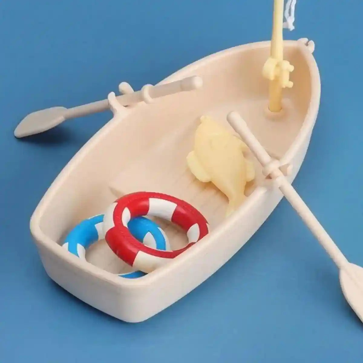 Mini Boat Aquarium Landscaping Ornament with Fishing Rod and Lifebuoys