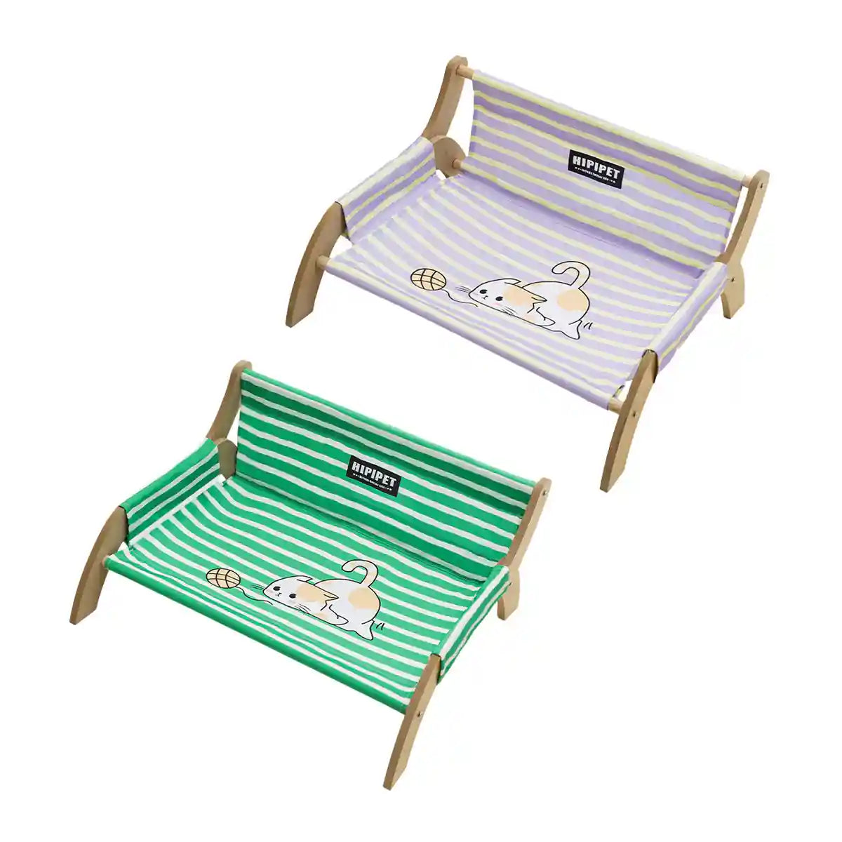 Striped Pet Lounger Bed with Wooden Frame for Small Dogs and Cats
