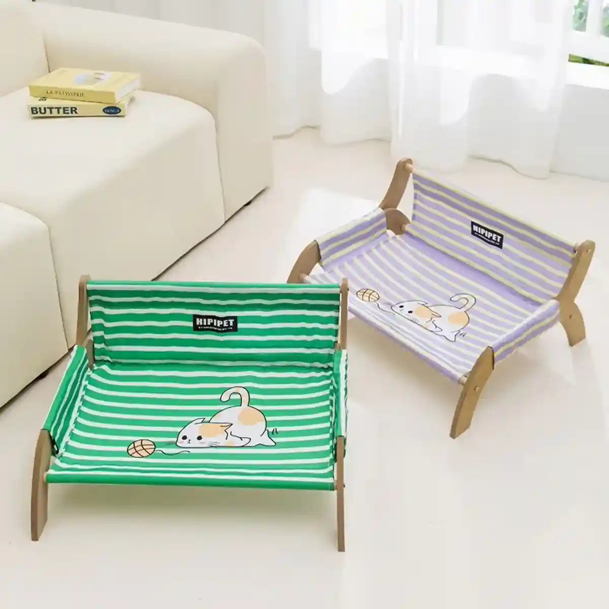 Striped Pet Lounger Bed with Wooden Frame for Small Dogs and Cats