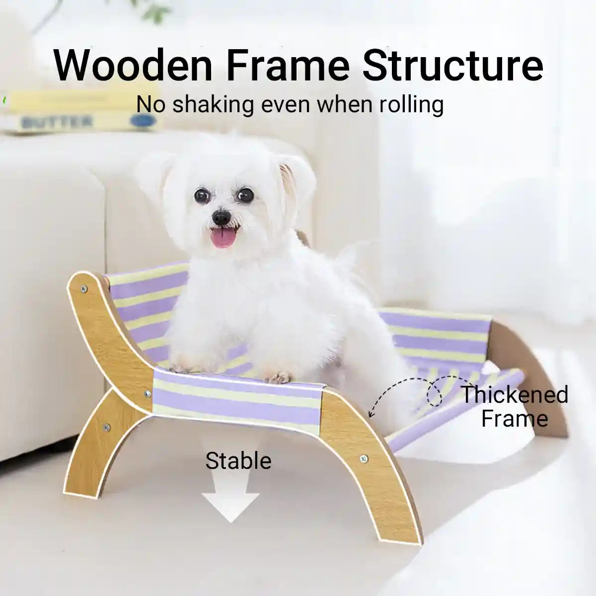 Striped Pet Lounger Bed with Wooden Frame for Small Dogs and Cats