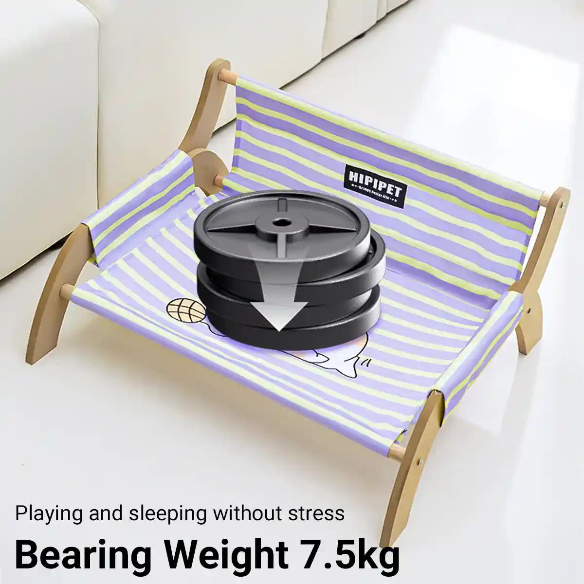 Striped Pet Lounger Bed with Wooden Frame for Small Dogs and Cats