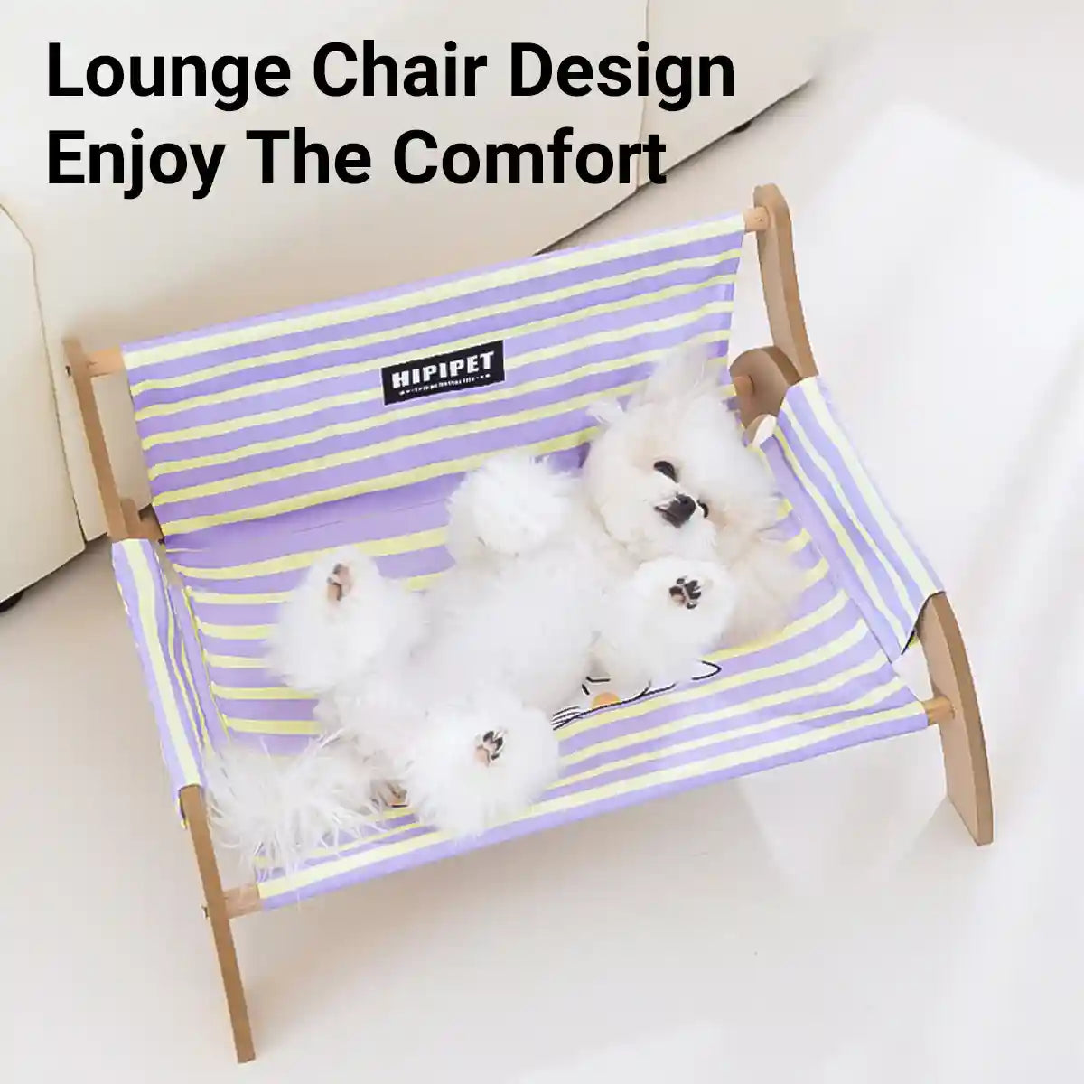 Striped Pet Lounger Bed with Wooden Frame for Small Dogs and Cats