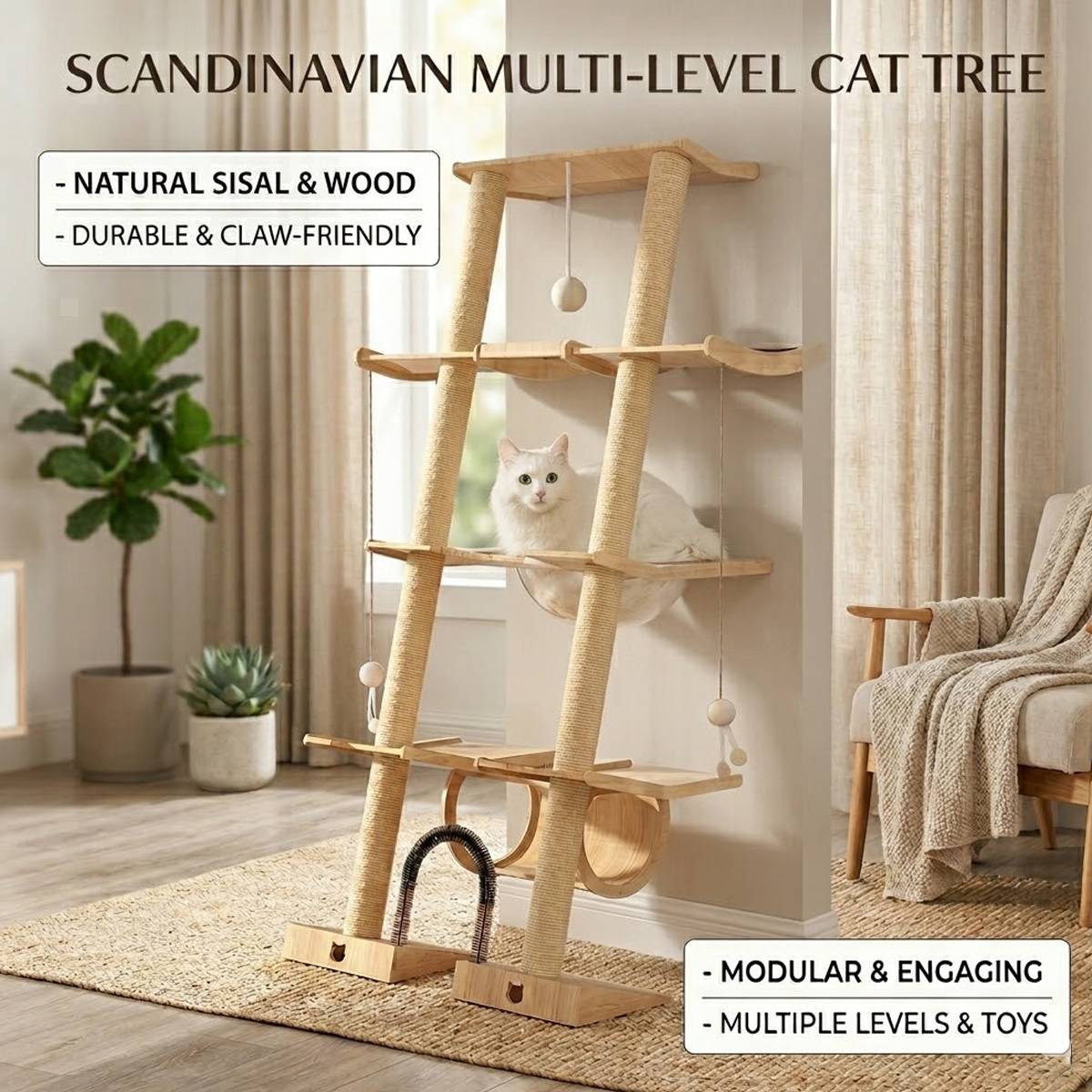 Scandinavian Cat Tree Multi-Level Wooden Climbing Tower