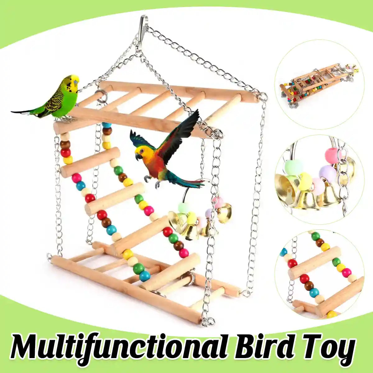 Double-Layer Bird Swing Toy Wooden Swing with Ladder & Bell for Birds