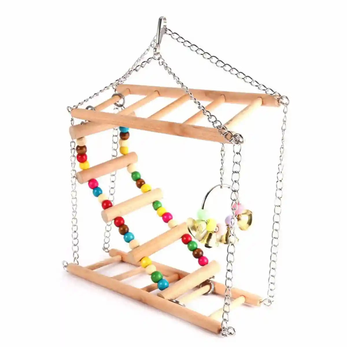 Double-Layer Bird Swing Toy Wooden Swing with Ladder & Bell for Birds