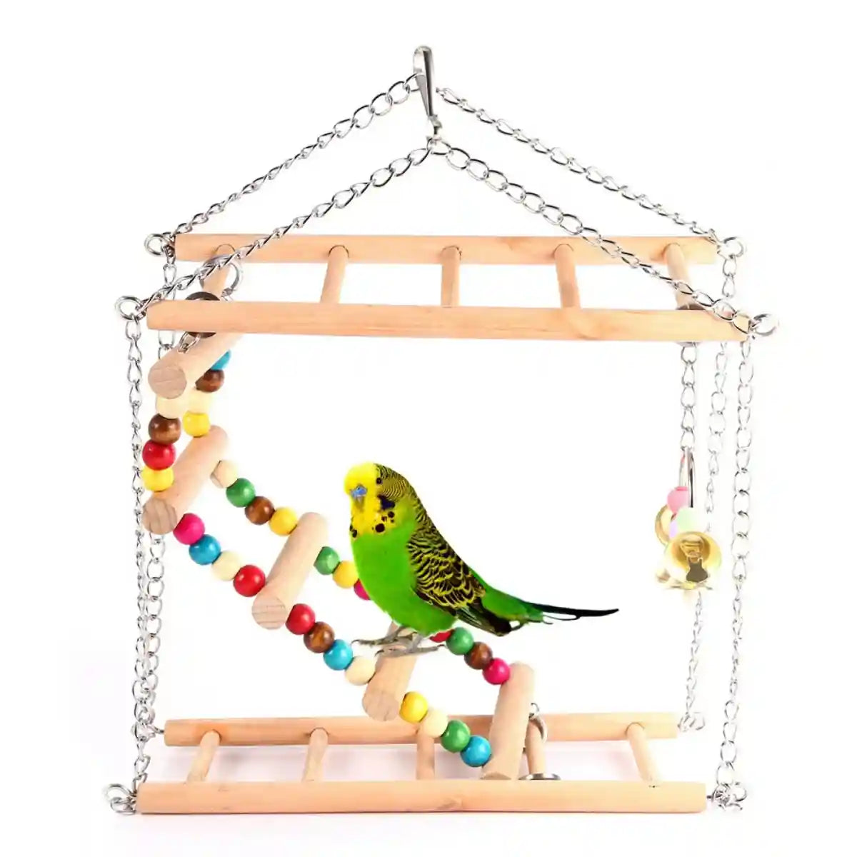 Double-Layer Bird Swing Toy Wooden Swing with Ladder & Bell for Birds