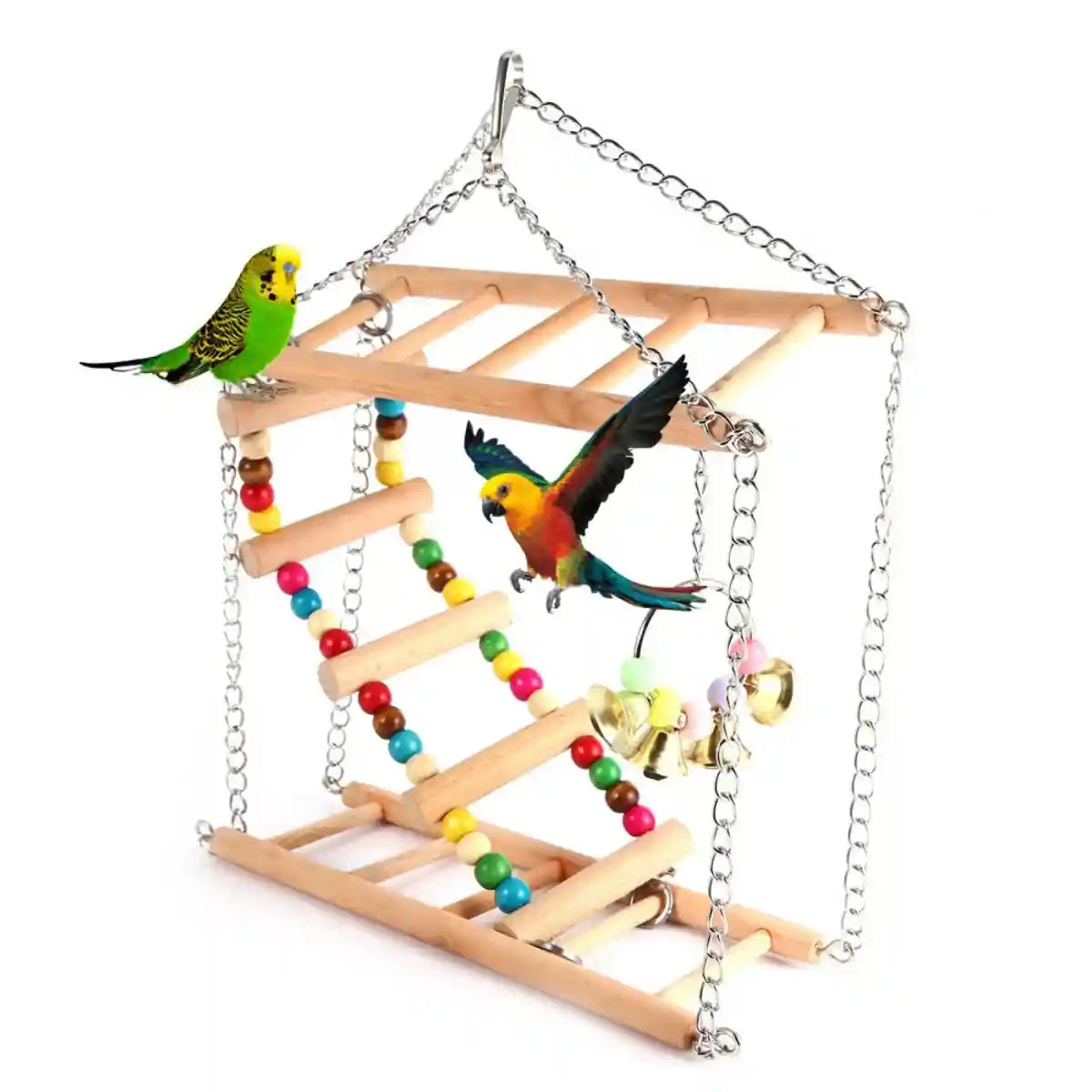 Double-Layer Bird Swing Toy Wooden Swing with Ladder & Bell for Birds