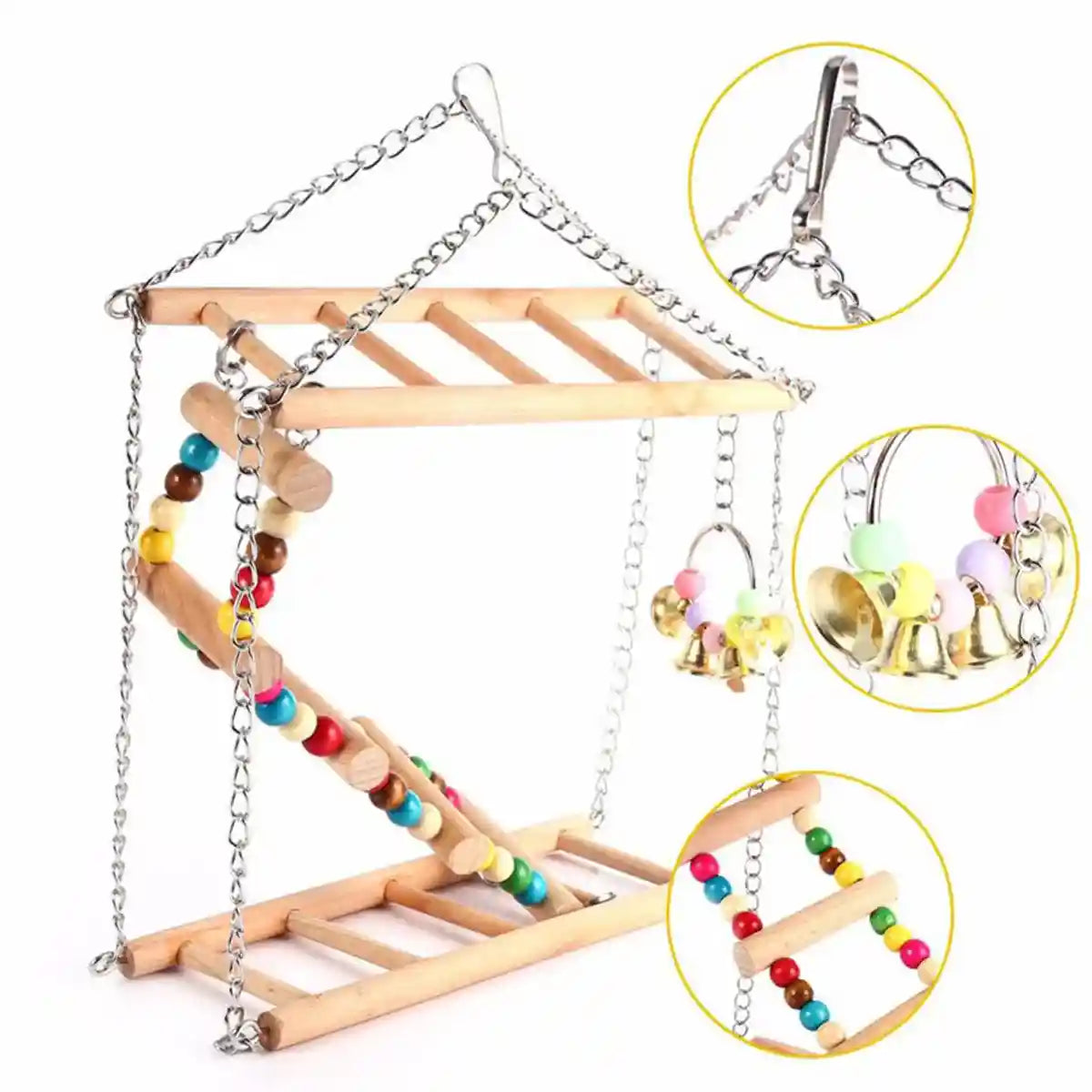 Double-Layer Bird Swing Toy Wooden Swing with Ladder & Bell for Birds