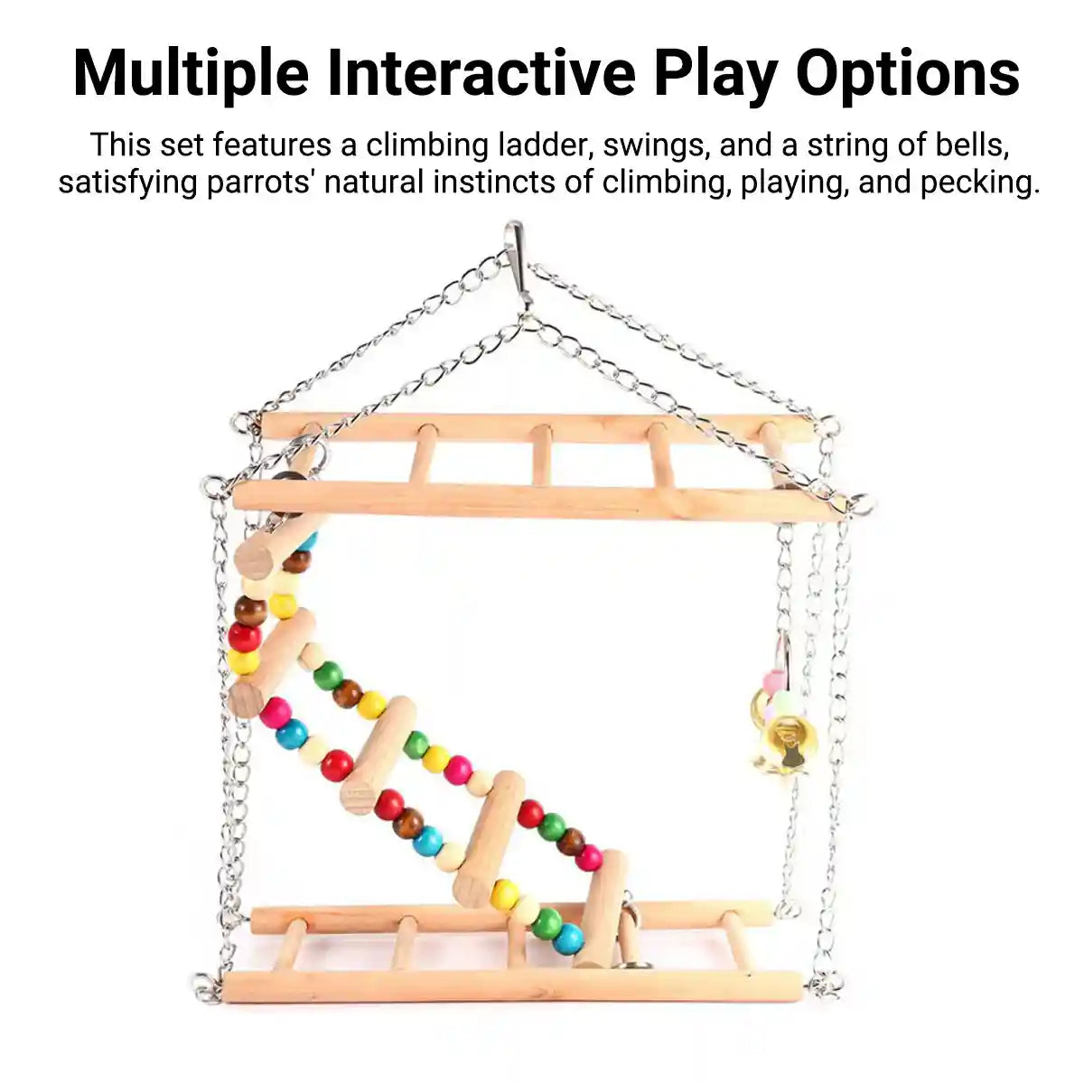 Double-Layer Bird Swing Toy Wooden Swing with Ladder & Bell for Birds