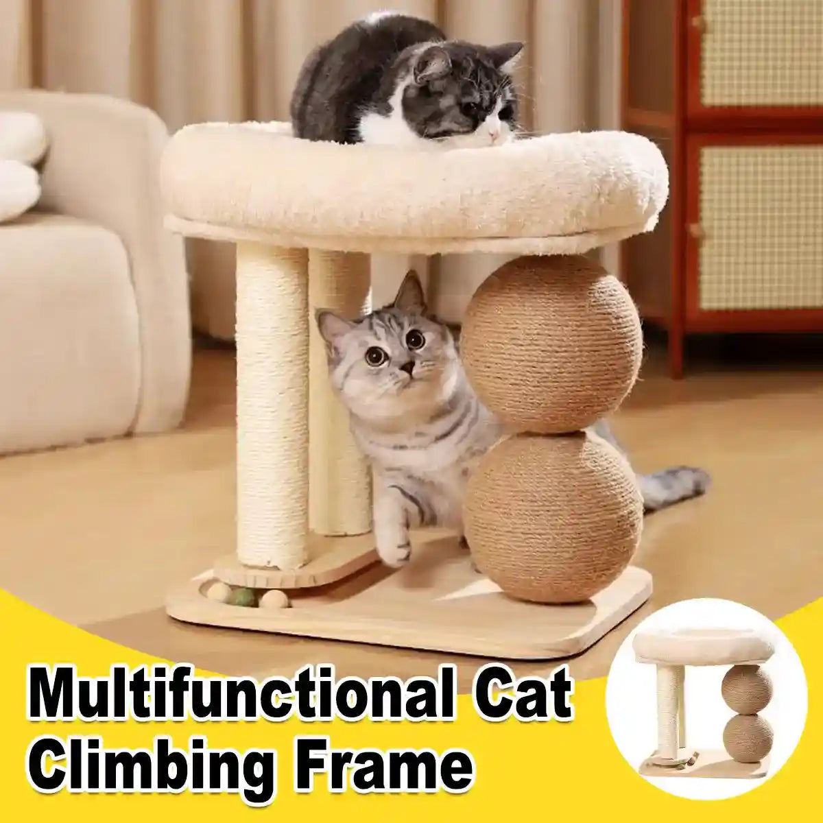 Compact cat climbing frame with scratching posts and play turntable