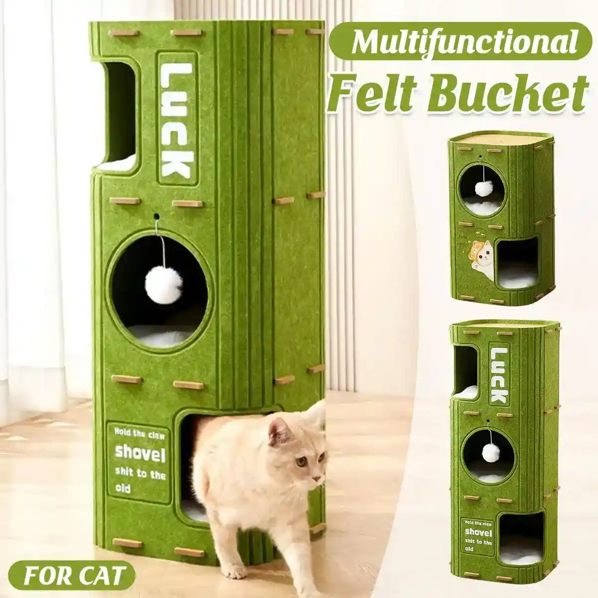 Felt multi-layer cat house with hanging toy and tree trunk design