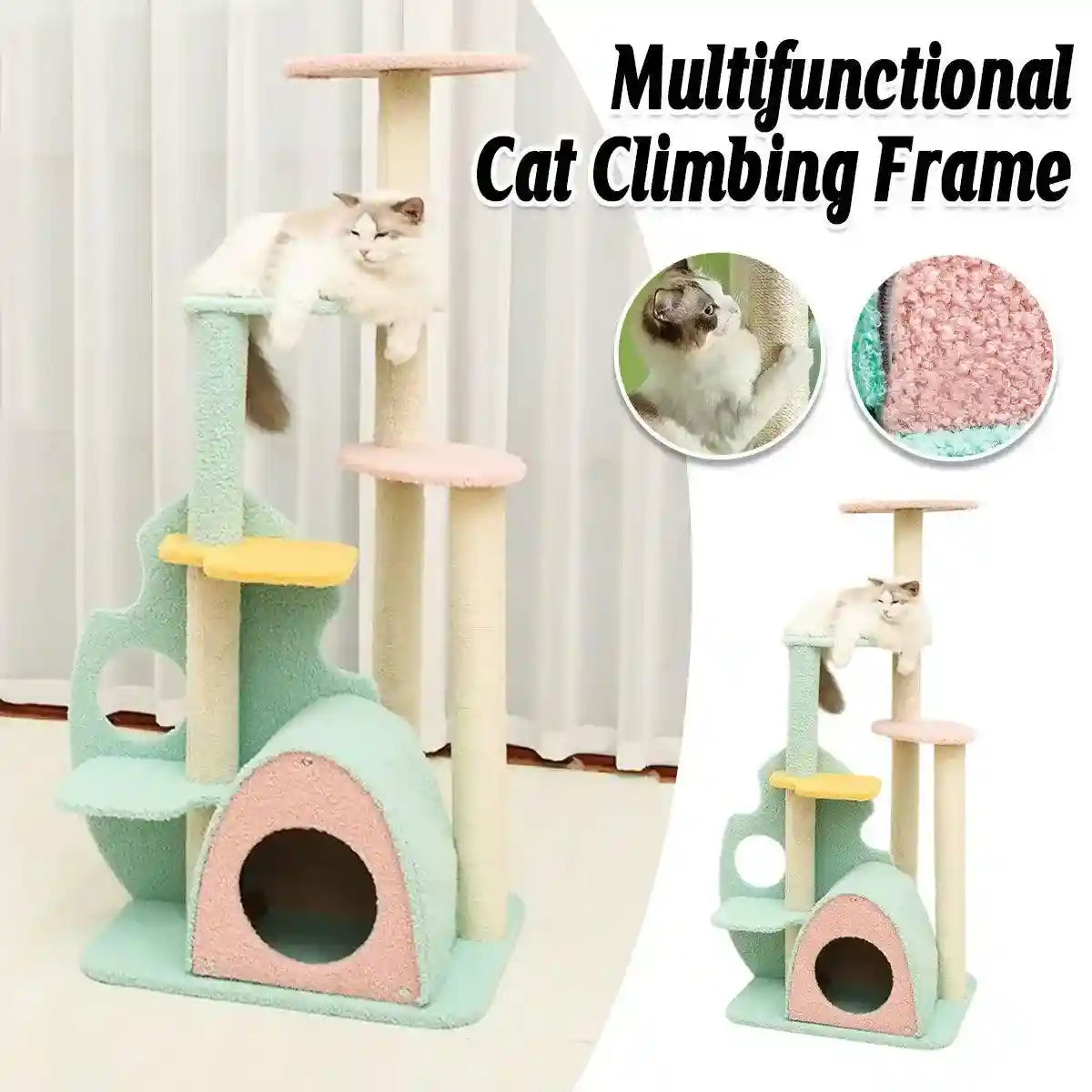 cat climbing tower with sisal scratching posts and hideaway