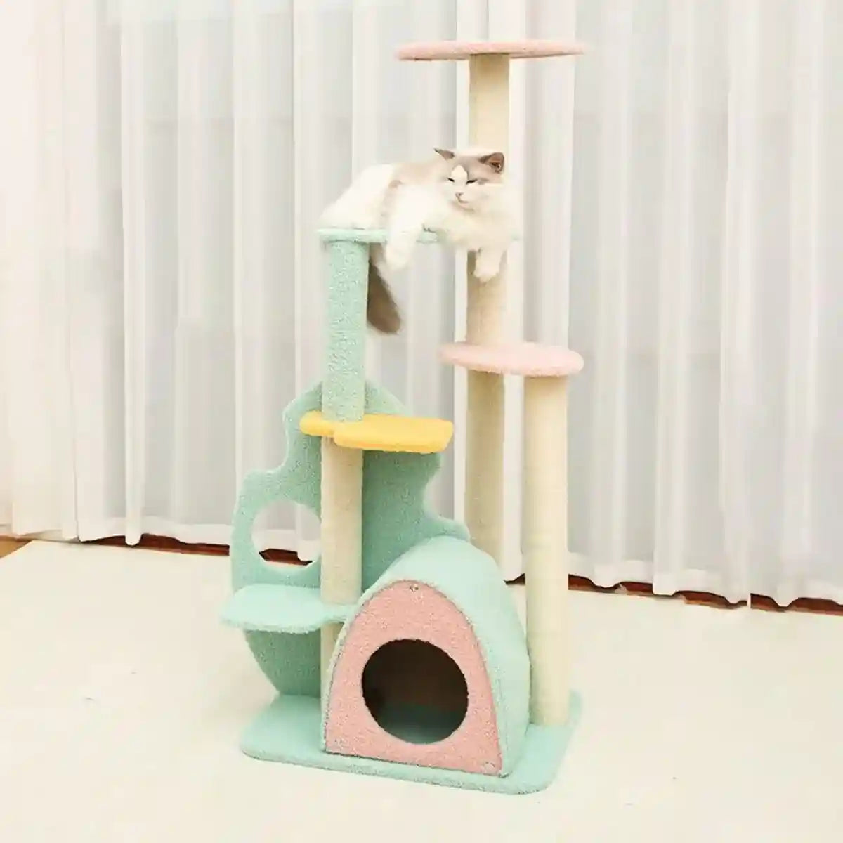 Modern Multi-Level Cat Climbing Tower with Plush Hideaway