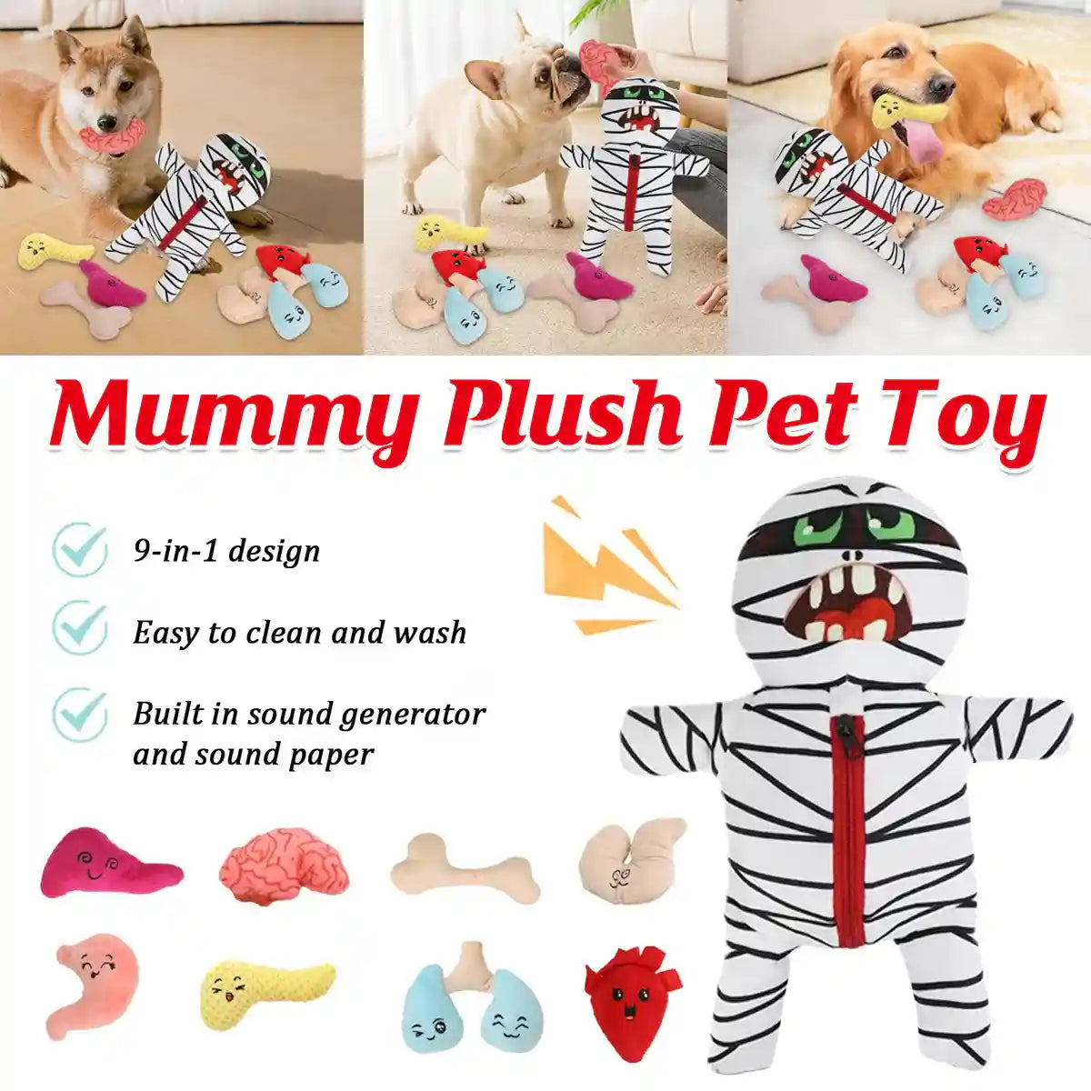 Mummy Plush Dog Toy Set 9-in-1 Interactive