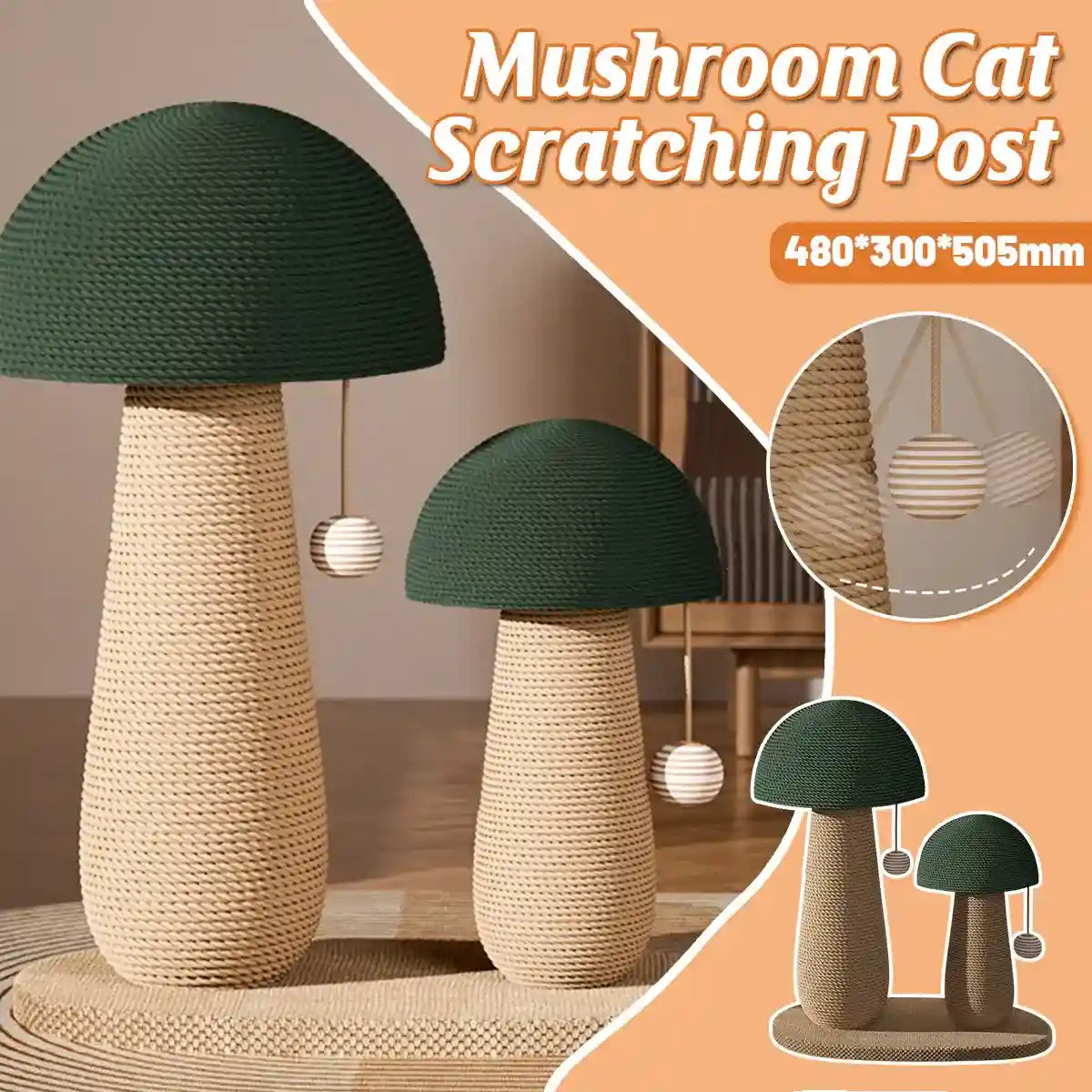 Mushroom Cat Scratching Post with Sisal Rope and Hanging Toy