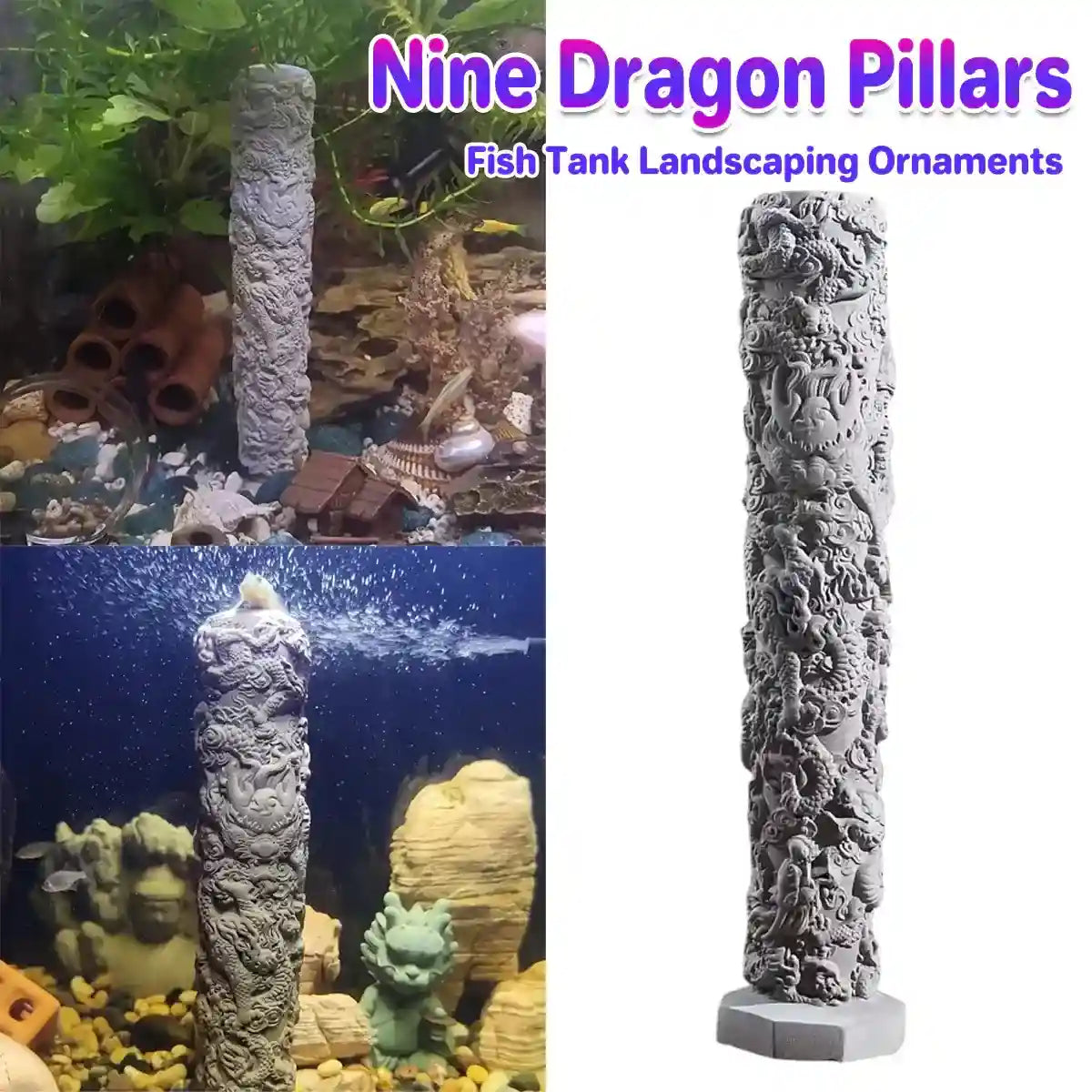Nine Dragon aquarium pillar decoration for fish tanks with bubble effect