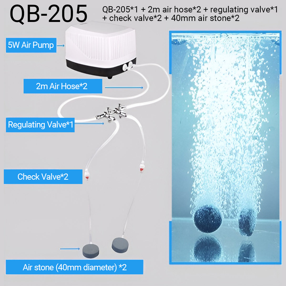 Aquarium Oxygen Pump Set for Fish Tank with Air Stone Silent Durable Adjustable
