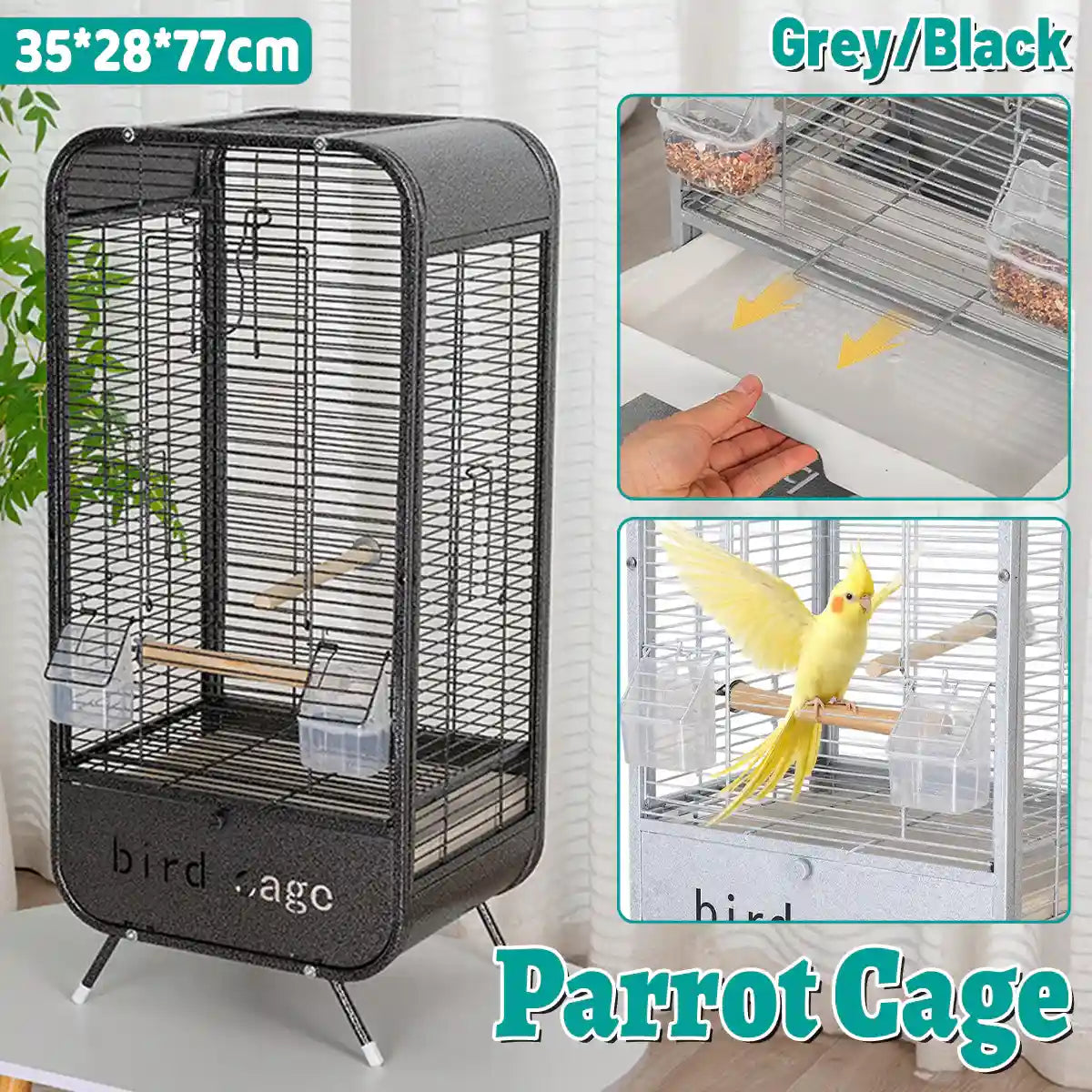 Parrot Cage | Modern Metal Bird Cage with Easy-Clean Tray and Stand ...