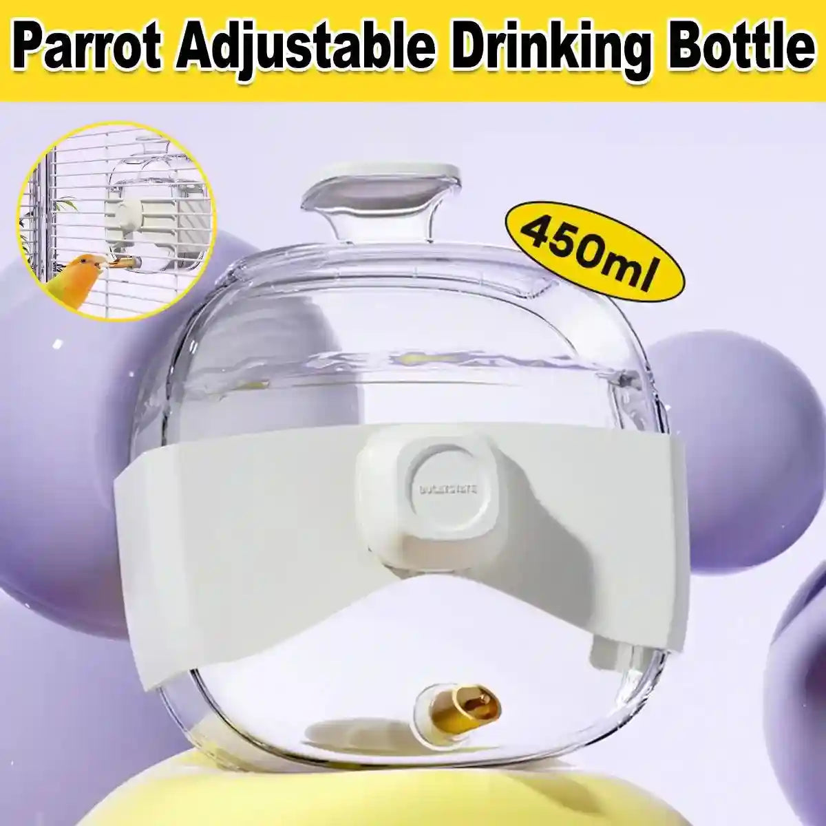 Leakproof bird water feeder with 450ml capacity and automatic no-drip design for bird cages.