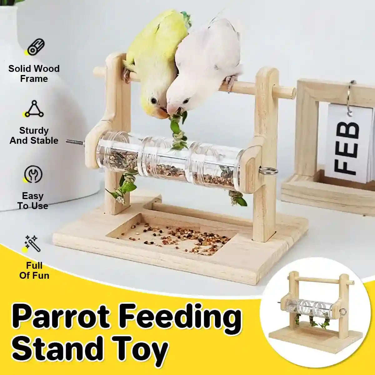 Parrot stand with rotating food dispenser for small birds