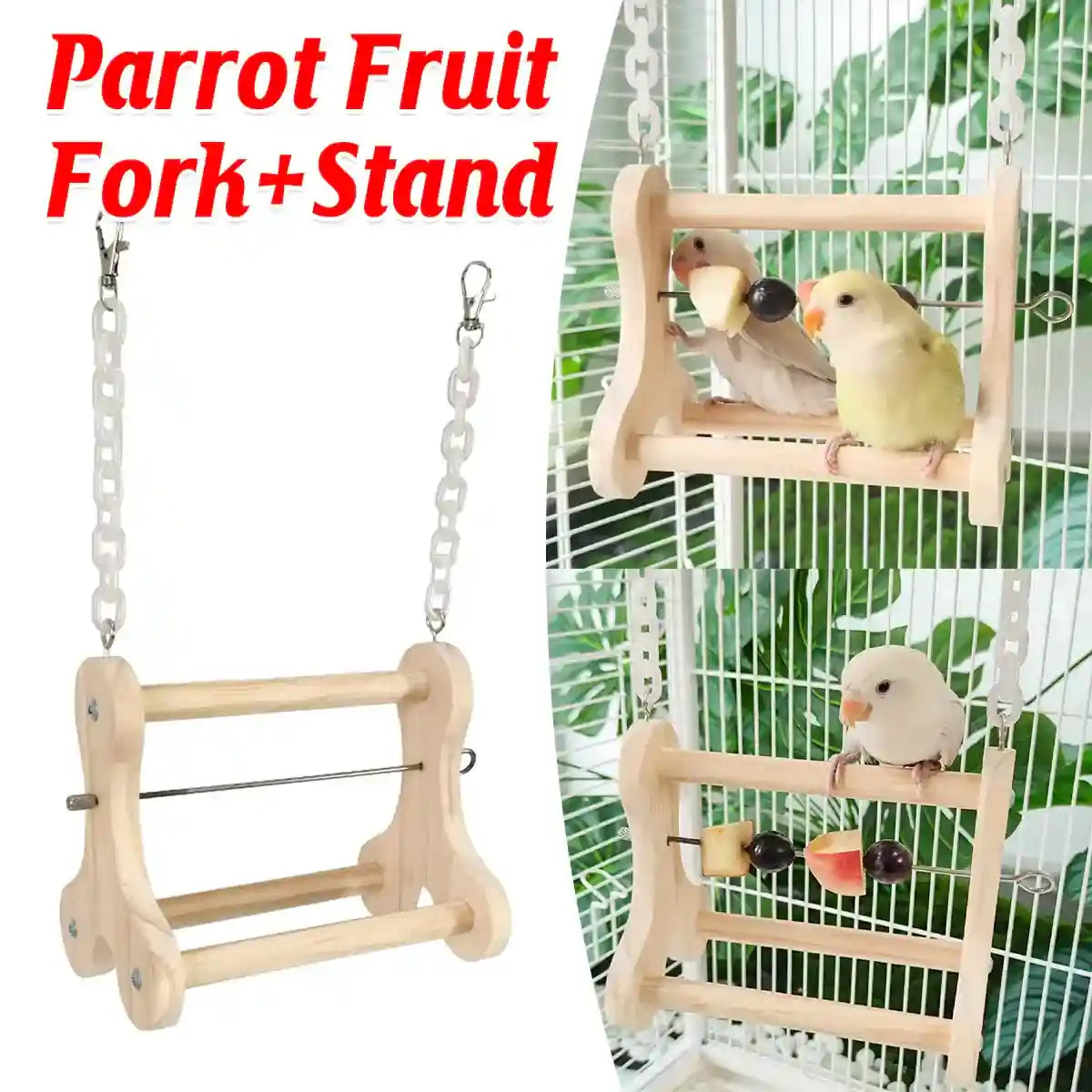 Hanging Wooden Bird Stand with Stainless Steel Fruit Fork