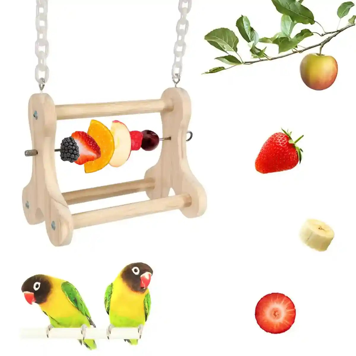 Hanging Wooden Bird Stand with Stainless Steel Fruit Fork