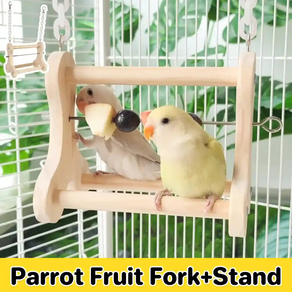 Hanging Wooden Bird Stand with Stainless Steel Fruit Fork