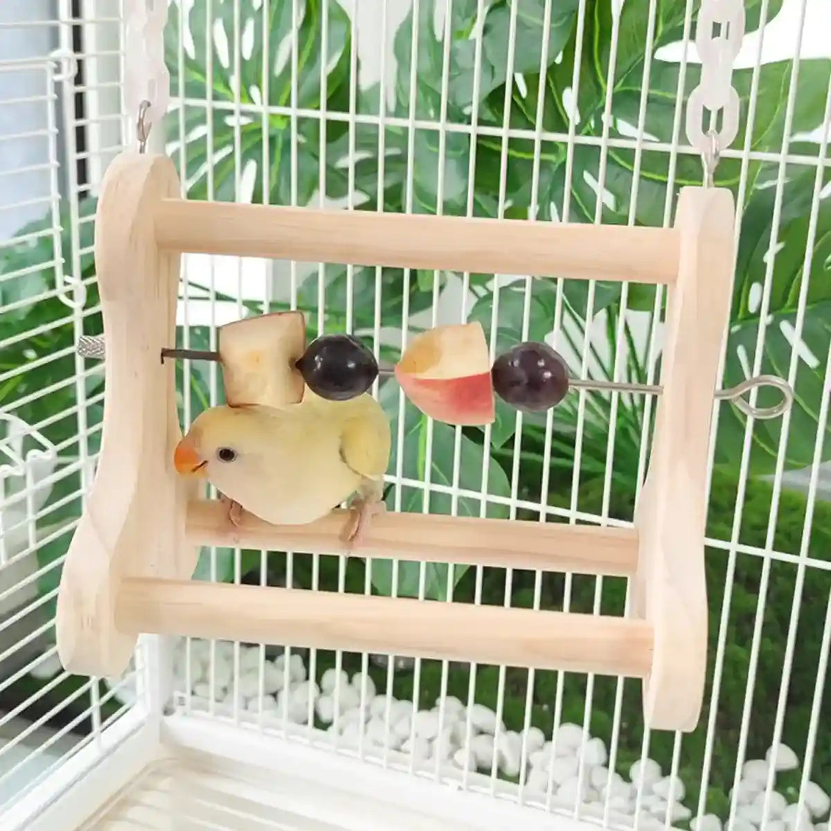 Hanging Wooden Bird Stand with Stainless Steel Fruit Fork