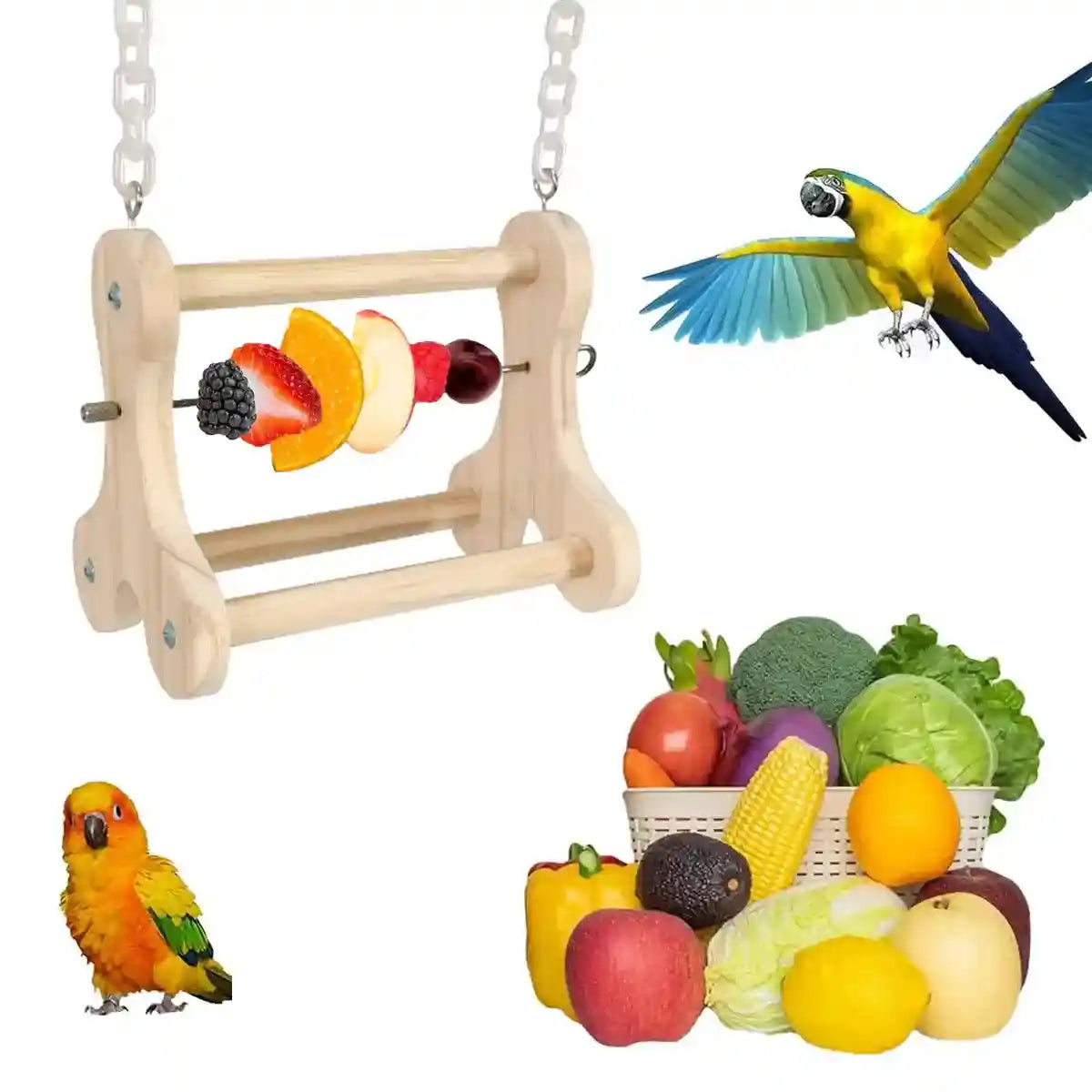 Hanging Wooden Bird Stand with Stainless Steel Fruit Fork