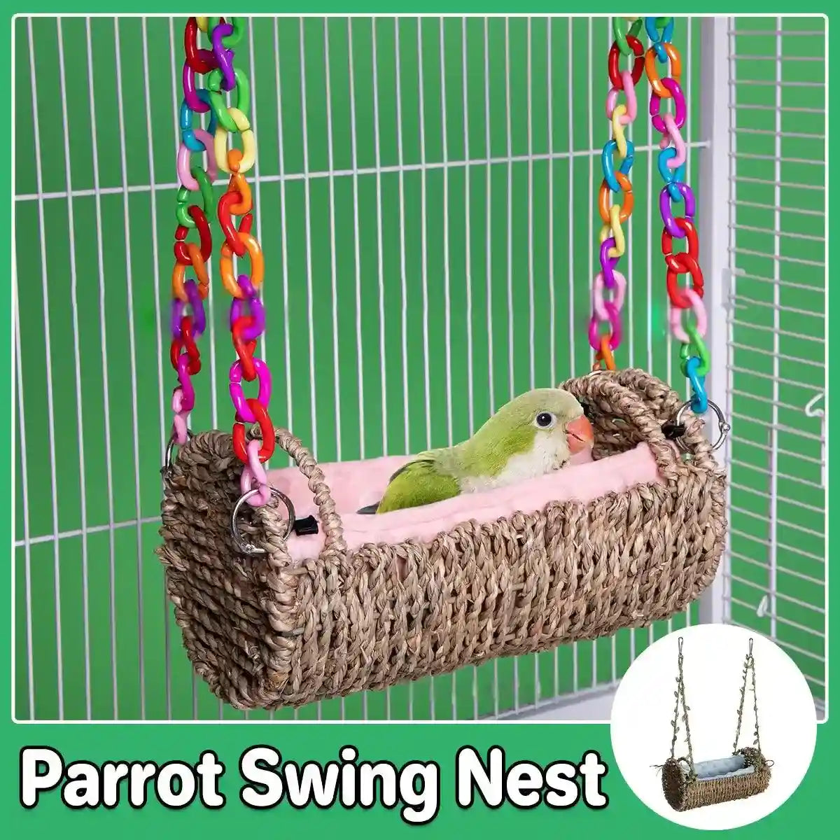 Natural woven hummingbird nest with removable cushion and colorful hanging chain