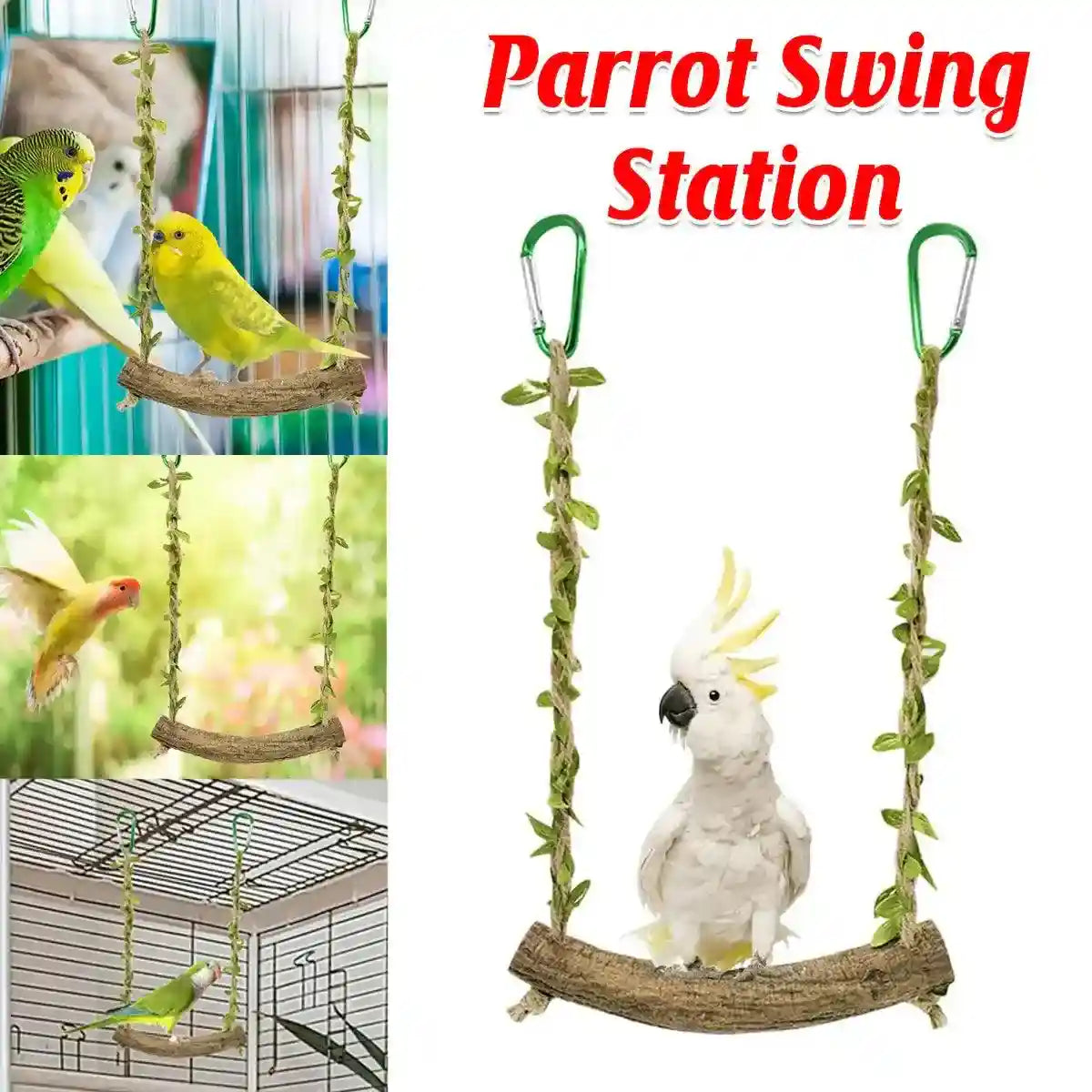 Natural bird swing with rattan perch, perfect for parrots and cockatiels.