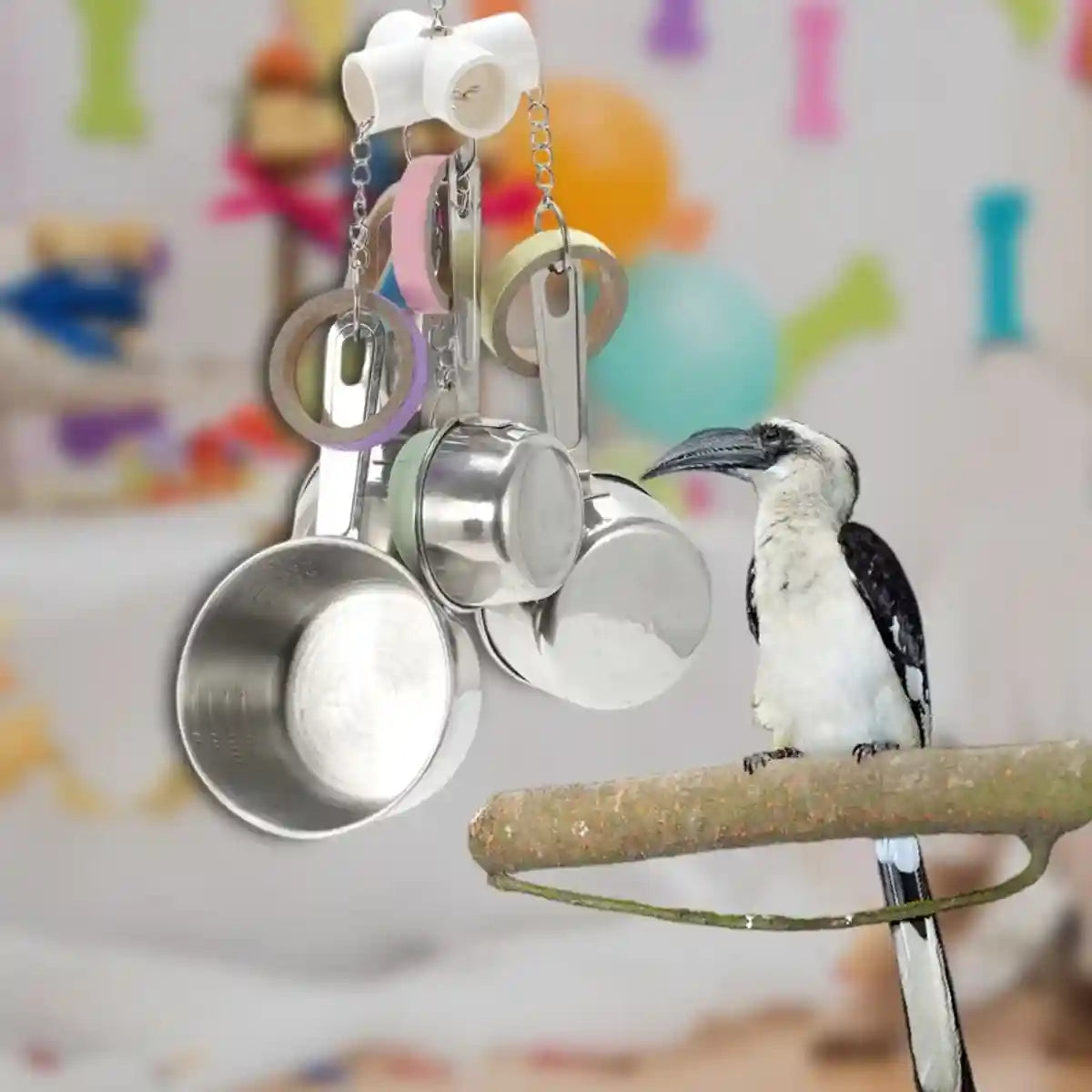 Stainless Steel Parrot Toy Bell & Colourful Paper Rings for Birds