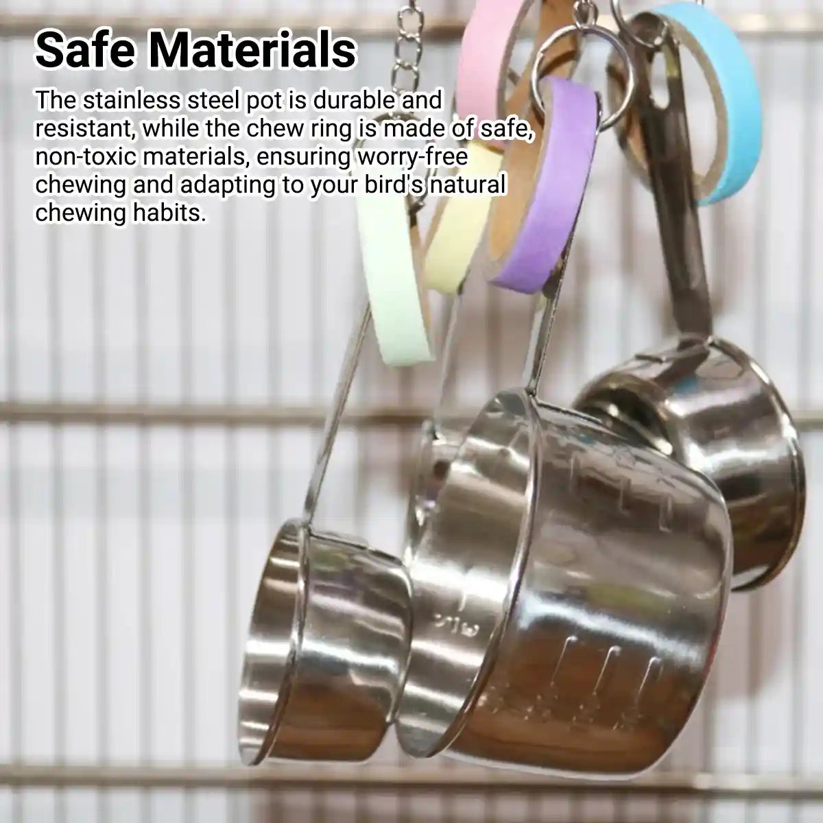 Stainless Steel Parrot Toy Bell & Colourful Paper Rings for Birds