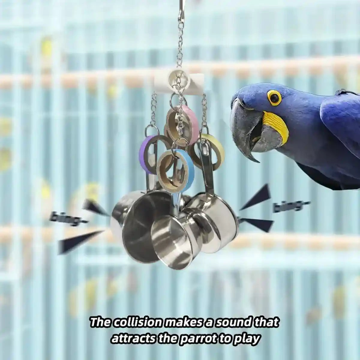 Stainless Steel Parrot Toy Bell & Colourful Paper Rings for Birds