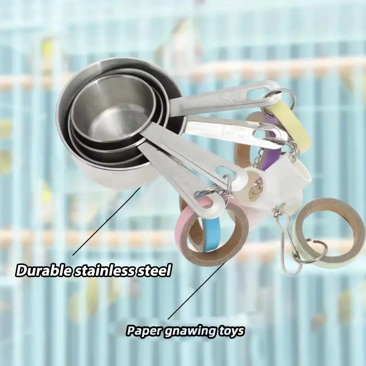 Stainless Steel Parrot Toy Bell & Colourful Paper Rings for Birds